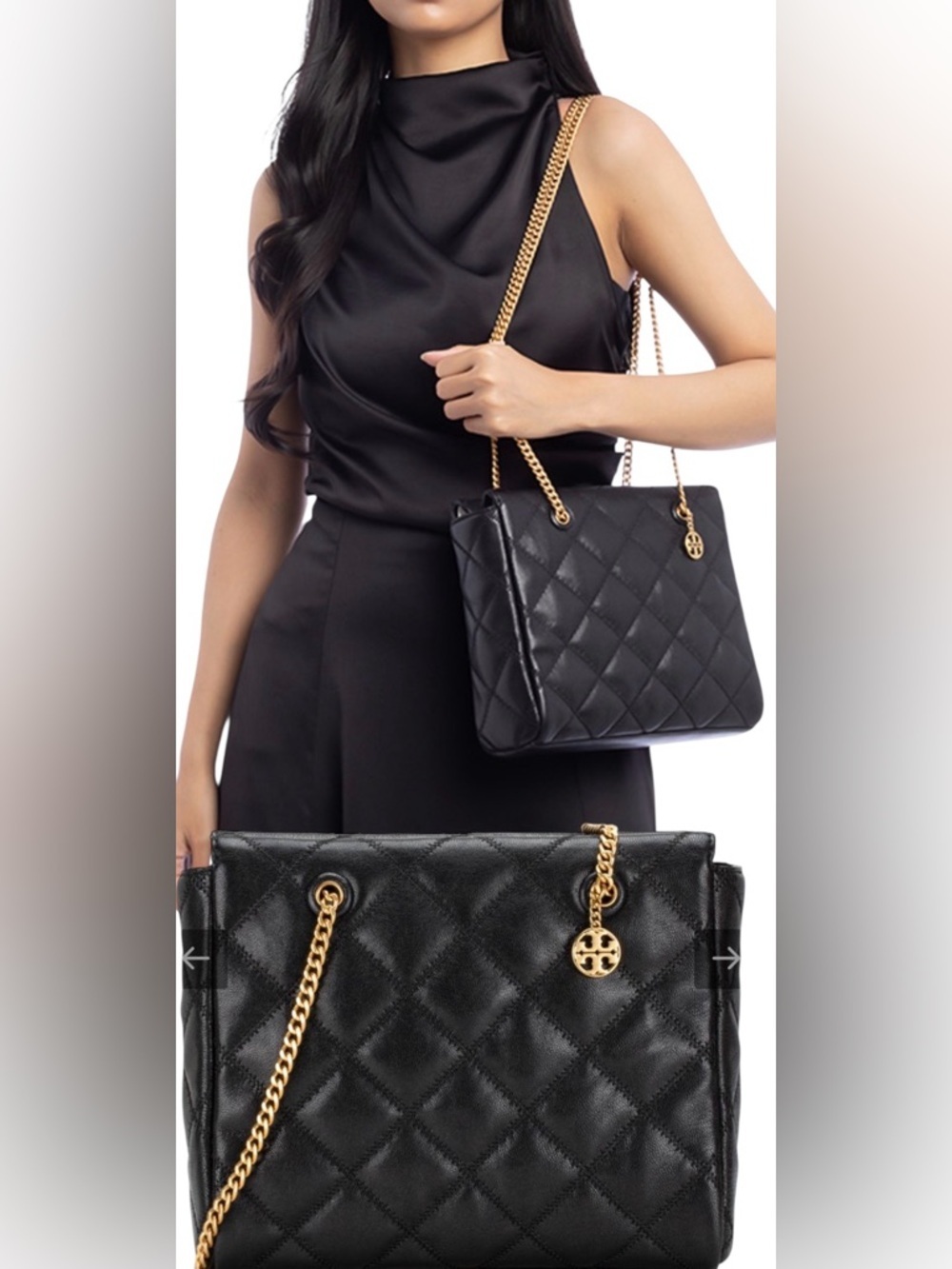 TORY BURCH Small Quilted Tote gold strap Shoulder Bag Black AUTHENTIC